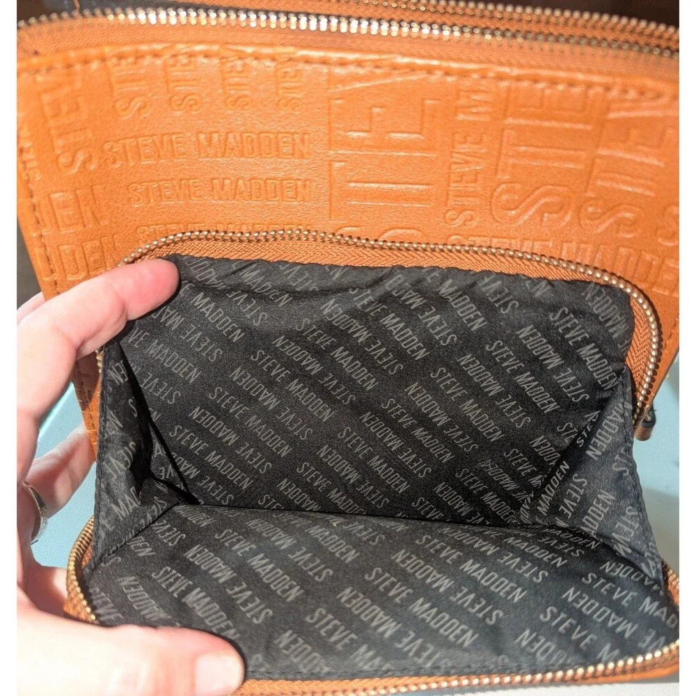 Steve Madden Purse Brown Cognac Logo Embossed Faux Leather Crossbody Bag Gold